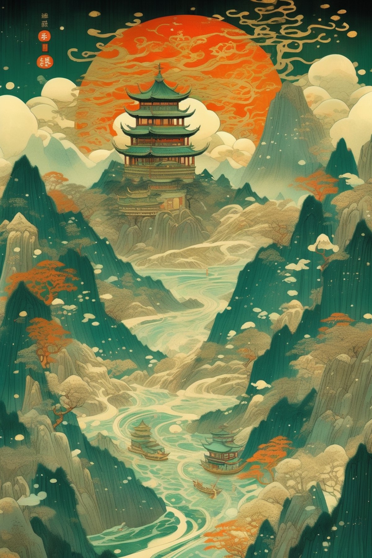 <lora:Victo Ngai Style:1>Victo Ngai Style - illustrated by Guochao,by Victo Ngai,The mountains of China are unbroken and t...